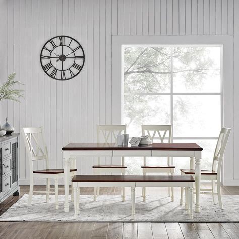 PRICES MAY VARY. DURABLE CONSTRUCTION Crafted with high-quality materials, this rustic dining set is built to last. The sturdy construction of the table, chairs, and bench ensures stability and durability, suitable for everyday use. Enjoy long-lasting quality with this elegant and robust dining room furniture set.; Traditional design; Rubbed white finish; Tabletop has a rich cherry finish; Tabletop features a soft beveled edge and generous apron; Classic turned legs on table, chairs and bench Ru White Dining Room Sets, 6 Piece Dining Set, White Dining Set, Farmhouse Dining Set, Traditional Dining Tables, Farmhouse Style Table, Daybed With Storage, White Dining Room, 5 Piece Dining Set