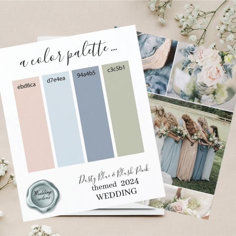 Classy dusty Blue Blush Pink Wedding colors Palett Dusty Blue Blush Pink Wedding, Sea Elements, Wedding Color Themes, Blue And Blush Wedding, Reception Stage Decor, Pink Wedding Colors, Wedding Advice Cards, Sage Wedding, Lilac Wedding