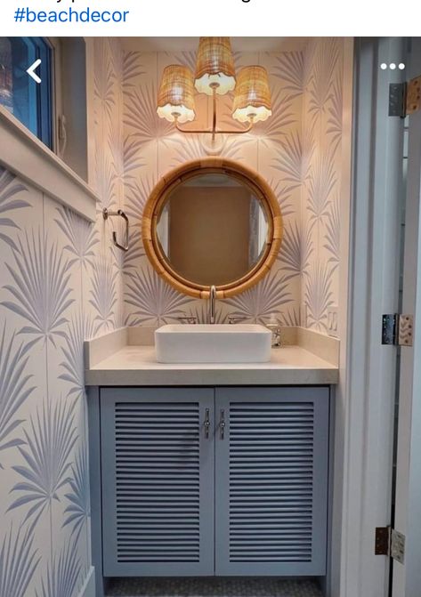 Palm Beach Bathroom Ideas, Small Coastal Half Bath, Half Bath Wallpaper Coastal, Beach Condo Bathroom Ideas, Beachy Half Bath, Nautical Powder Room, Beachy Powder Room, Coastal Half Bathroom Ideas, Coastal Powder Bathroom