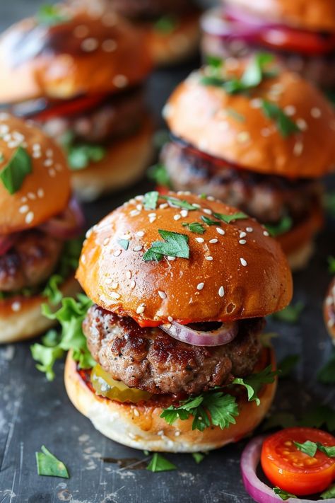 Juicy burgers topped with sesame seed buns, lettuce, tomato, pickles, onion, and fresh herbs. Small Hamburgers Mini Burgers, Mini Beef Patties, Mini Hamburger Patties, Simple Sliders Recipes, Mini Hamburger Appetizers, Mini Beef Sliders, Hamburger Sliders Recipes, Mini Sliders Recipe, Hamburger Sliders Hawaiian Rolls