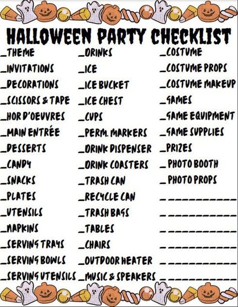 Get your Halloween party started right with this handy checklist and planner. Horror Themed Halloween Party, Resident Halloween Events, Halloween Party List Checklist, Halloween Shopping List, Halloween Sleepover Party Ideas, Halloween Backyard Party Ideas, Halloween Party Planner, Halloween Party Things To Do, Halloween House Party Games