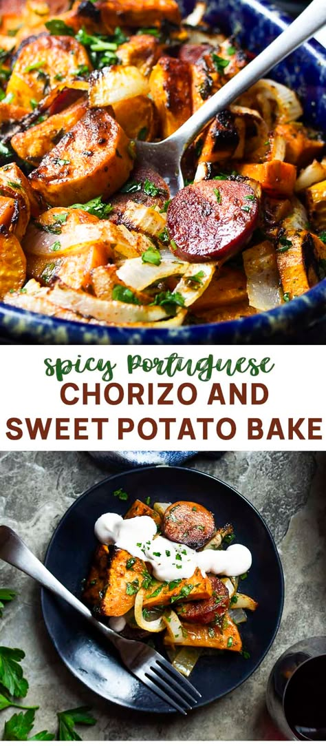 You'll love this ultimate one pot meal whether you call it chorizo or chourico! My Portuguese chorizo and sweet potato bake with onions and parsley is both delicious and simple to make. Just toss everything together and bake until the edges are crispy and potatoes are tender. | justalittlebitofbacon.com #portugeserecipes #spanishrecipes #chorizo #chourico #onepotmeals #easydinners Chorizo And Sweet Potato, Sweet Potato Bake, Chorizo And Potato, Chorizo Recipes, Potato Bake, One Pot Meal, Quick Weeknight Meals, Portuguese Recipes, Easy Weeknight Meals