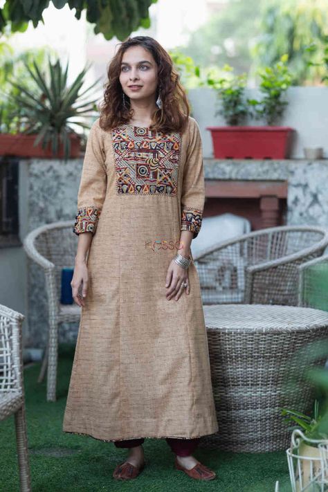 Buy Advait Khadi A-line Kurta Online | KessaWear.com Khadi Kurta, Chicken Scratch Embroidery, Kurta Dress, A Line Kurta, Printed Kurti, Designer Outfits, Straight Kurta, Indian Designer Outfits, Indian Designer