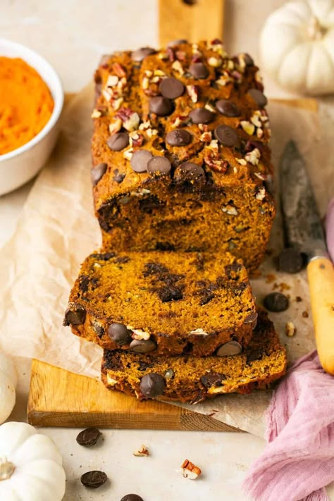 A classic pumpkin bread, made healthier! This version of my pumpkin bread uses white whole wheat flour as a base and is lightly sweetened with maple syrup. It's completely dairy free, nut free, and refined sugar free. #erinliveswhole #pumpkin #pumpkinbread #fall Healthy Flourless Pumpkin Bread, Pumpkin Bread No Sugar, Healthy Pumpkin Bread Oat Flour, Protein Powder Pumpkin Bread, Sugar Free Pumpkin Bread, Healthier Pumpkin Bread, No Refined Sugar Pumpkin Bread, Clean Eating Pumpkin Bread, Vegan Oat Flour Pumpkin Bread