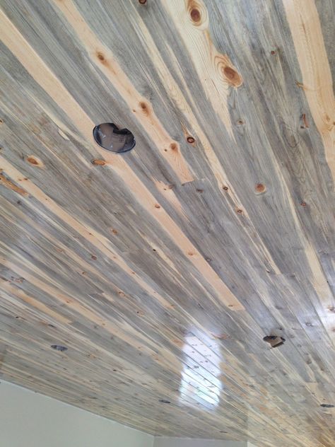 This is our T&G Blue Stain Pine. A lot of people love to use Blue Stain Pine as soffit like this. Looks great. Stain Pine, Basement Colors, Beetle Kill Pine, Church Foyer, Blue Pine, Stain On Pine, Porch Ceiling, Farmhouse Flooring, Barn Interior