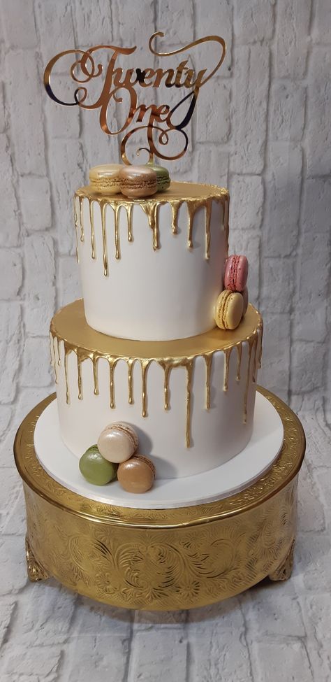 21st Birthday Cake Two Tier, Gold 21st Birthday Cake, Golden Birthday Cakes For Boys, White And Gold Cake 2 Tier, Gold Two Tier Cake, 2 Tier Birthday Cake, Tiered 21st Birthday Cake, 21st Bday Cake, Double Layer Cake