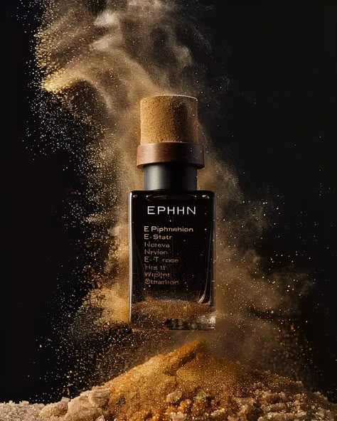 The image is a dark, dramatic, and luxurious perfume bottle. The bottle is made of black glass and has a gold cap ->> more details in ai-img-gen.com Sand Particles, Luxurious Perfume, Black Perfume, Perfume Bottle Design, Perfume Photography, Gold Cap, Gold Caps, Gold Powder, Gold Dust