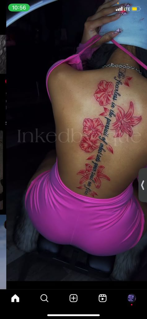 Tattoo Idea Back Spine, Big Rose Tattoo On Back, Spine Tattoos For Women Colorful, Lotus Flower Sleeve Tattoo For Women, Cute Back Tattoos For Black Women, Jamaica Island Tattoo, Jamaica Tattoo For Women, Back Tattoo Pieces For Women, She Is More Precious Than Rubies Tattoo