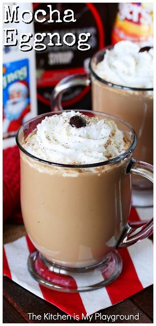 Mocha Eggnog ~ This delicious mix of eggnog, chocolate, & coffee brings fabulous flavor to your holiday festivities! Make it in punch-sized batches or single mugs, spiked or not, and served warm or chilled. It's the perfect holiday drink for one OR a crowd! #eggnog #mochaeggnog #eggnogcoffee www.thekitchenismyplayground.com Eggnog Chocolate, Easter Bake, Mocha Frappe Recipe, Eggnog Coffee, The Kitchen Is My Playground, Eggnog Drinks, Festive Holiday Cocktails, Ice Cream Smoothie, Taste Of Home Recipes