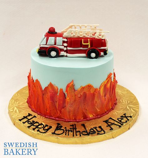 Fire Engine Fondant Topper | Singe tier, buttercream children's party cake with buttercream flames and fondant firetruck figurine. Buttercream Flames, Cake Ideas Fondant, Truck Cake Ideas, Leo Cake, Firefighter Birthday Cakes, Fire Engine Cake, Fire Truck Cake, Fire Fighter Cake, Robot Cake