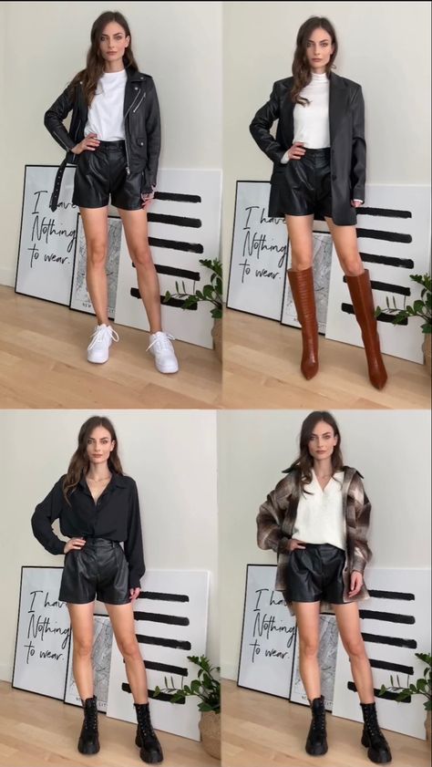 Short Winter Outfit, Black Short Trousers Outfit, Leather Shorts Outfit Spring, Leather Short Outfits Winter, Leather Shorts With Sneakers, Black Leather Shorts Outfit Casual, Leather Short Fall Outfit, Leather Short Winter Outfit, Leather Shorts Outfit Concert