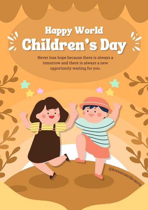 👉CLICK THE LINK TO EDIT!💻✨   Let's celebrate the joy and innocence of childhood with our charming Canva template for World Children's Day! This poster design captures the spirit of fun and imagination, perfect for spreading smiles and warmth on this special occasion. Whether you're organizing a community event, fundraiser, or simply want to share a message of love and support for children worldwide. #WorldChildrensDay #CanvaDesign #PosterTemplate   👣 Follow us too! 🌟 @kreasicantikcanva Childrens Day Poster Creative, Childrenday Poster, Children Poster Design, Children Day Poster Design, Children Day Poster Design Drawing, Childrens Day Poster Design, Happy Children's Day Poster Design Idea, Children's Day Poster Children Day Poster Design, Children's Day Poster