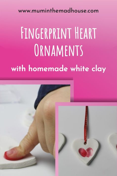 These DIY white clay fingerprint heart ornaments are perfect for any occasion. They make a great keepsake gift perfect for valentines or mothers day. Heart Ornaments Diy, Fingerprint Ornaments, Fingerprint Heart, Keepsake Crafts, Thumb Prints, Kids Ornaments, Heart Ornament, White Clay, Ornaments Diy