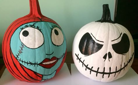 Nightmare Before Christmas painted pumpkins. Jack and Sally. 2017. Painting Pumpkins Nightmare Before Christmas, Painted Pumpkin Ideas For Adults, Pumpkin Painting Nightmare Before Christmas, Painting Pumkins Ideas Halloween, Pumpkin Painting Nightmare Before, Painted Pumpkin Nightmare Before Christmas, Pumpkin Christmas Painting Ideas, Sally Nightmare Before Christmas Pumpkin Painting, Jack The Skeleton Pumpkin Painting