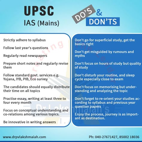 UPSC IAS (Mains) Do's & Don'ts. For more details visit: www.drpvlakshmaiah.com || Ph: 040-27671427, 85002 18036 Ias Aspirant, Study Preparation, Upsc Preparation, Exam Preparation Tips, Ias Officer, Ias Study Material, Upsc Exam, Economics Lessons, Exam Study Tips