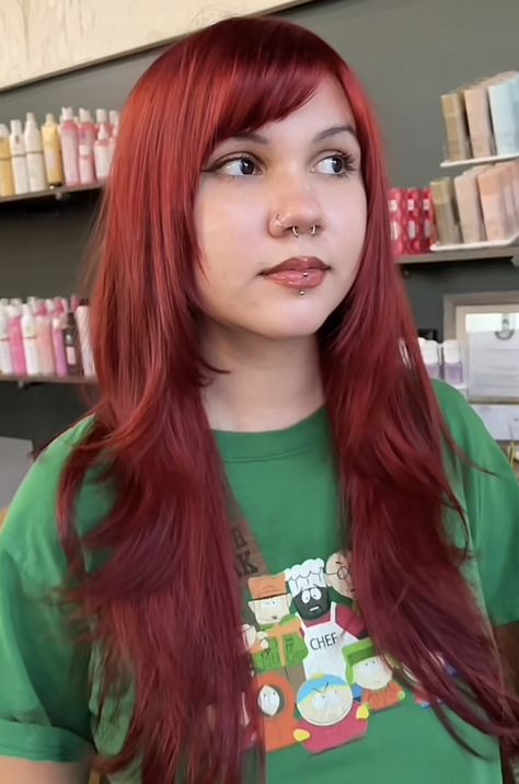 Dyed Side Bangs, Vampire Red Hair, Haircut References, Manic Panic Vampire Red, Red Hair Color Ideas, Cherry Red Hair, Paranoid Android, Red Hair Inspo, Side Swept Hairstyles