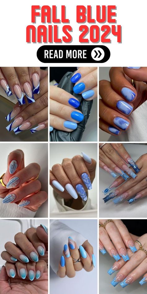 Keep it chic with fall blue nails 2024 that feature colors almond and gel short almond finishes. These nails are perfect for those who love art designs with a touch of elegance. Polish in dark or light shades of blue can be paired with glitter or matte accents for a look that’s both trendy and timeless. These ideas are perfect for anyone looking to add a pop of color to their fall wardrobe. Denim Inspired Nails, Fall Nail Designs Blue, Light Blue Fall Nails, Blue Nail Designs 2024, Fall Blue Nail Colors, Medium Acrylic Nails Ideas, Blue Fall Nails Designs, Shades Of Blue Nails, Fall Blue Nails