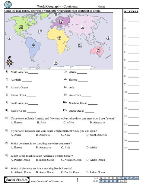 Geography Worksheets - Continents and Oceans worksheet 5th Grade Geography, Map Skills Worksheets, 3rd Grade Social Studies, Geography Worksheets, Geography Activities, 4th Grade Social Studies, History Worksheets, Continents And Oceans, 6th Grade Social Studies