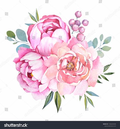 Peonies Artwork, Flower Bunch, Rose Illustration, Watercolor Painting Techniques, Peonies Bouquet, Oil Painting Flowers, Digital Flowers, Watercolor Rose, Bunch Of Flowers