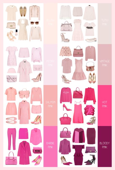 Pink Capsule Wardrobe, Bright Spring Clothes, Color Analysis Summer, Light Spring Color Palette, Hot Pink Outfit, Light Spring Colors, Pink Wardrobe, Soft Summer Colors, Pink Things