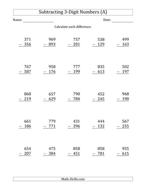 The 3-Digit Minus 3-Digit Subtraction (A) Math Worksheet from the Subtraction Worksheets Page at Math-Drills.com. Grade 3 Math Worksheets Addition And Subtraction, 3 Digit Math Worksheets, Grade 3 Addition And Subtraction, 3 Digit Addition With Regrouping, 3 Digit Subtraction With Regrouping, 3 Digit Addition And Subtraction, Addition With Regrouping Worksheets, Subtraction With Regrouping Worksheets, Addition And Subtraction With Regrouping