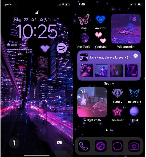 Purple Themed Phone Layout, Phone Layout Ideas Purple, Purple Iphone Aesthetic, Ios 16 Home Screen Ideas Dark Purple, Purple Iphone Theme, Phone Theme Purple, Home Screen Layout Iphone Purple, Dark Purple Iphone Layout, Purple Iphone Layout