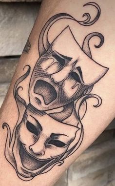 Theater Mask Tattoo, Gap Filler Tattoo, Theatre Faces, Shoulder Cap Tattoo, Tattoo Quote, Christ Tattoo, Clown Tattoo, Mom Tattoo Designs, One Piece Tattoos