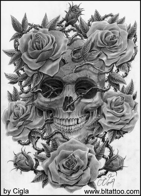 Skull+with+roses+by+cigla.deviantart.com+on+@deviantART Skull With Roses, Skull Rose Tattoos, Catrina Tattoo, Skull And Roses, Roses Tattoo, Skulls And Roses, Skull Tattoos, A Skull, Sugar Skulls