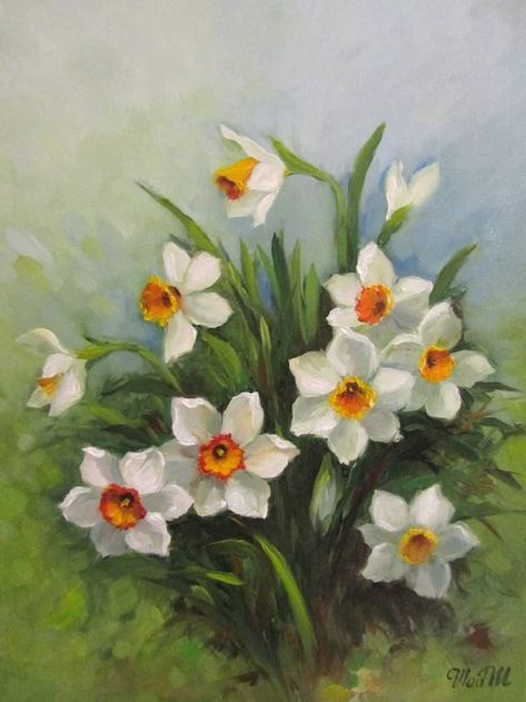 Daffodils Painting Acrylic, Daffodil Oil Painting, Nargis Flower, Daffodils Drawing, Daffodils Painting, Daffodil Painting, Iris Painting, Narcissus Flower, Watercolor Art Journal