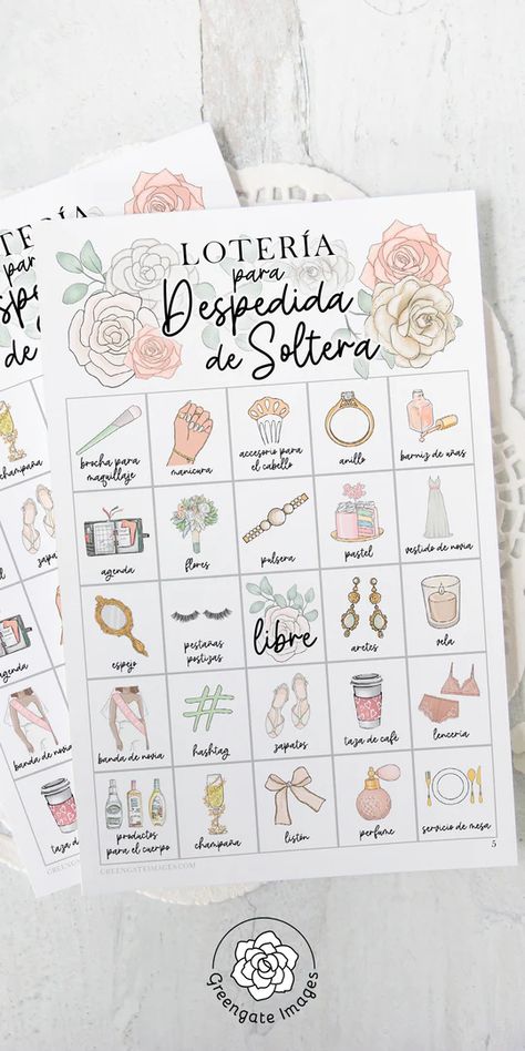 Description This popular bingo set is now available in Spanish! Printable Bridal Shower Bingo cards for you to download, print, and use over and over. High-quality art featuring various aspects of being a bride. So prettily feminine, lightly sophisticated, and fun for many ages. Great bridal shower/sprinkle game! Fun a Bridal Shower Games In Spanish, Bridal Shower Games Spanish, Spanish Bridal Shower Ideas, Bride Shower Ideas, Bride Games, Bingo Design, Bride To Be Party, Bachelorette Party Unique, Bridal Shower Games Funny