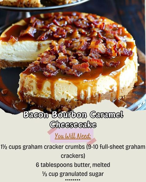 Maple Bacon Cheesecake, Carmel Cheesecake, Bourbon Cheesecake, Bacon Desserts, Cheesecake Ingredients, Bourbon Caramel, Bourbon Caramels, Caramelized Bacon, Caramel Cheesecake