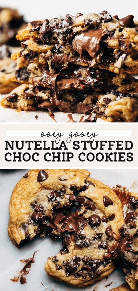 These ooey gooey Nutella stuffed cookies are baked with crisp and chewy edges and an extra melty center. There's PLENTY of Nutella in these cookies so each bite has the perfect balance of cookie, chocolate, and Nutella. #nutella #nutellacookies #stuffedcookies #cookies #butternutbakery | butternutbakeryblog.com Nutella Stuffed Cookies, Stuffed Chocolate Chip Cookies, Butternut Bakery, Stuffed Cookies, Nutella Desserts, Perfect Chocolate Chip Cookies, Nutella Cookies, Ooey Gooey, Bakery Recipes