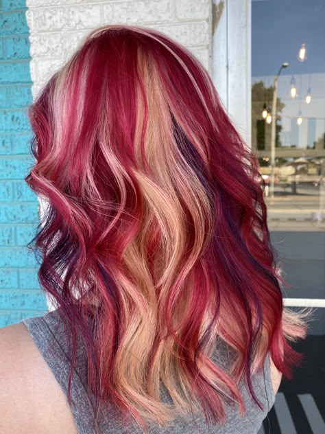 Pink Hair With Red Highlights, Blonde And Magenta Hair, Red Multicolor Hair, Red And Blonde Hair Color Highlights, Blonde With Red Peekaboo, Red Streaks In Blonde Hair, Multi Color Hair Ideas, Blonde And Red Hair Color Ideas, Halo Hair Color