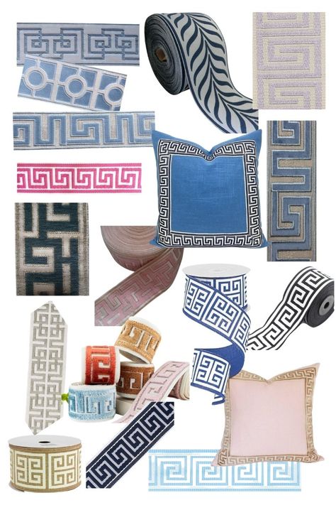 Where to Buy Greek Key Trim for Curtains - Veronika's Blushing Ideas For Living Room Curtains, Zen Studio, Bookshelf Accessories, Drapery Trim, Curtain Trim, Greek Decor, Blue White Decor, Upholstery Diy, Nursery Curtains