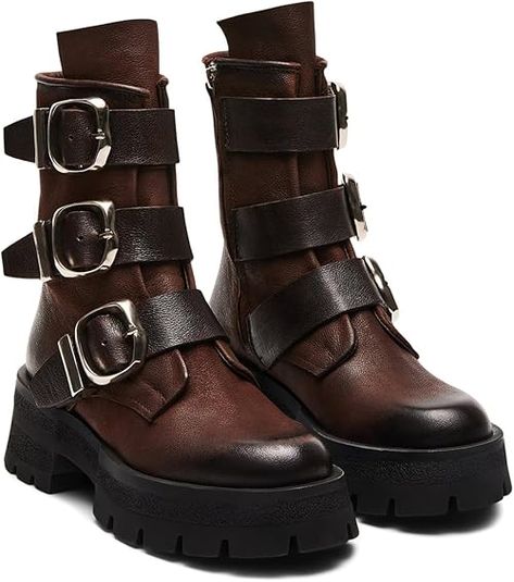 Amazon.com | Steve Madden Women's Roland Motorcycle Boot | Mid-Calf Motorcycle Boot, Waterproof Sneakers, Leather Wear, Motorcycle Leather, Motorcycle Boots, Brown Leather Boots, Leather Buckle, Sneaker Heels, Moto Boots