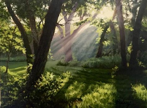 Forest Sunlight Painting, Sun Shining Through Trees Painting, Looking Up Through Trees Painting, How To Paint Rays Of Light, How To Paint Sunlight, Painting Sunlight, Sunlight Painting, Sunlight Art, Forest Drawing