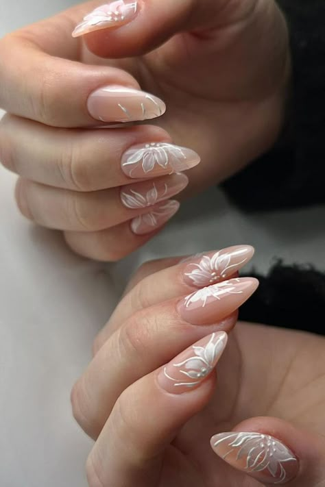 Enhance your wedding day nails with hand-painted white flowers by @selfish_london, delicately layered to create a stunning and romantic floral design that adds a touch of ethereal beauty to your bridal look. Discover 25 stunning wedding nail ideas on Nailustrous' Pinterest and make your big day even more magical with the perfect bridal manicure! Bridal Nail Ideas, Simple Short Nails, Wedding Nail Designs, Wedding Nail Ideas, J Nails, Bridal Manicure, Wedding Day Nails, Bridal Nail, Wedding Nail Art Design