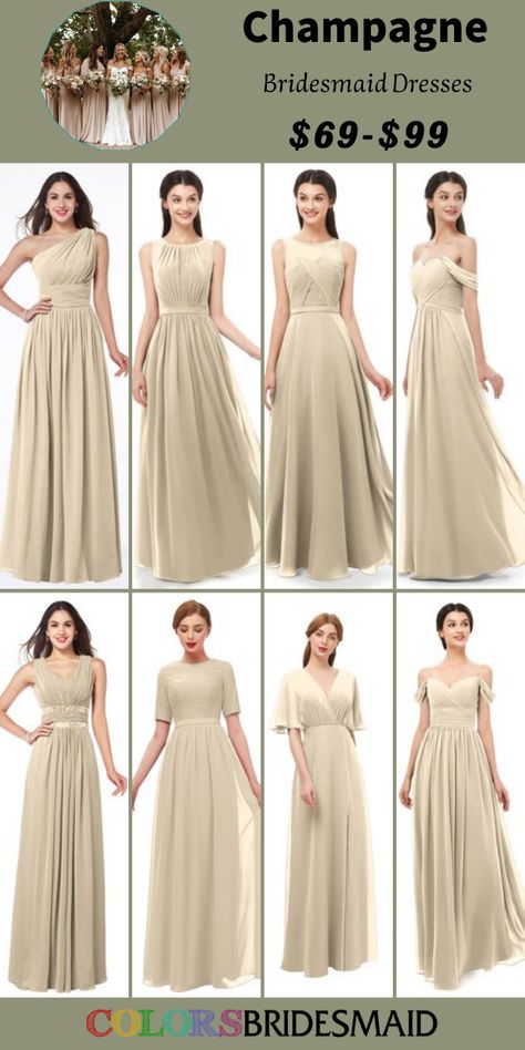 Champagne bridesmaid dresses on sale under $100, in 600+ custom-made styles and all sizes. 150+colors, made to order, fast arrived, color sample available. #colsbm #bridesmaids #bridesmaiddresses #champagnewedding #weddingideas #champagnedress b2043 Champagne Wedding Colors, Bridesmaid Dresses Under 100, White Wedding Theme, Champagne Bridesmaid Dresses, Champagne Bridesmaid, Champagne Dress, Wedding Theme Colors, Golden Wedding, Champagne Wedding