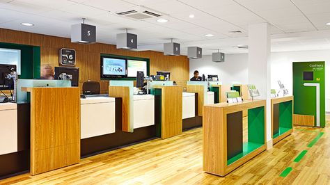 Bank Architecture, Counter Dimensions, Bank Interior Design, Bank Interior, Green Bank, Lloyds Bank, Graphic Panels, Bank Teller, Bank Design