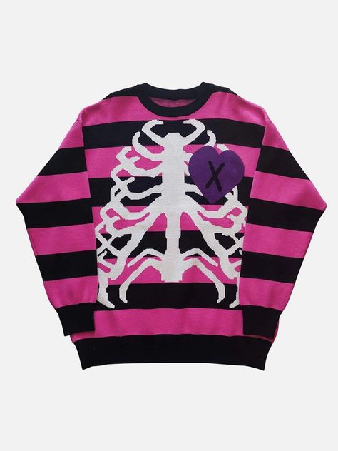 Multi Leg Centipede Sweater - Anagoc Pink Skeleton, Skeleton Heart, Beauty Of Simplicity, Striped Knitted Sweater, Scene Outfits, Round Neck Design, Scene Kids, Gothic Skull, Clothing Details