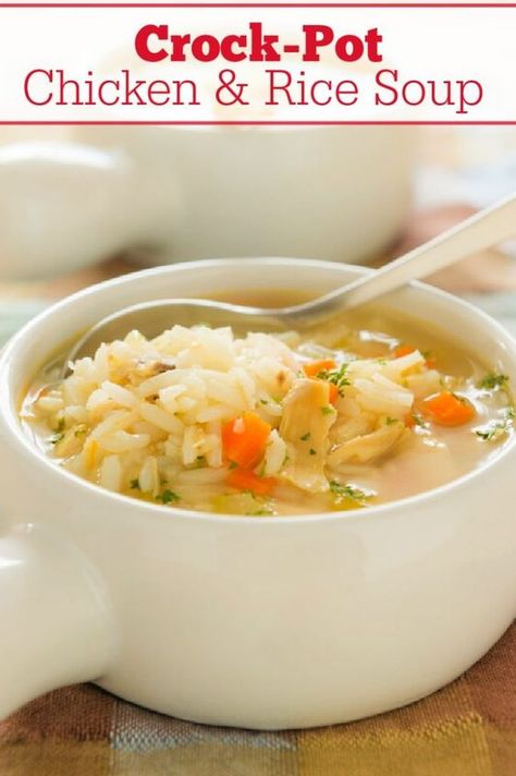 Crock-Pot Chicken & Rice Soup - This recipe for Crock-Pot Chicken & Rice Soup is a warm meal that will hit the spot for those cold fall or winter days! [Gluten Free, Low Calorie, Low Carb, Low Fat, Low Sugar & Weight Watchers friendly!] #CrockPotLadies #CrockPot #SlowCooker #Soup #ChickenRecipes #ComfortFood #KidFriendly #WeightWatchers Low Fat Crockpot Recipes, Crockpot Chicken Rice Soup, Rice Soup Crockpot, Low Fat Soups, Chicken Soup Crockpot, Low Calorie Low Carb, Low Fat Chicken, Rice Soup Recipes, Chicken Rice Soup