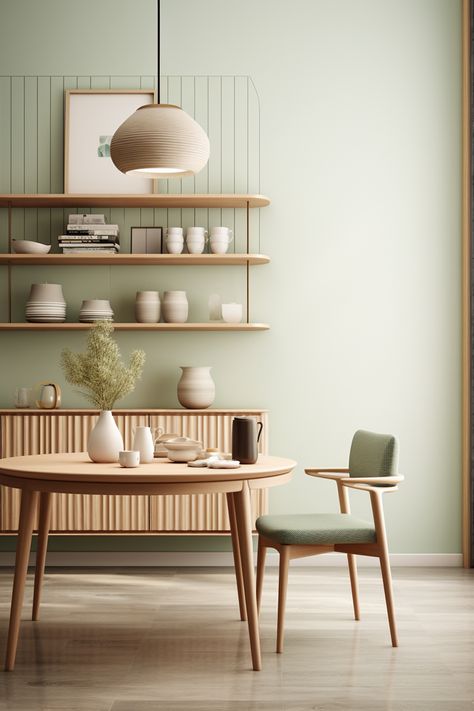 Immerse yourself in the serene ambiance of this Japanese-inspired dining room. Soft pastel hues, authentic details, and a wooden table create a mid-century modern design. #interiordesign #japaneseinspired #midcenturymodern #sereneambiance #pastelpalette Green Midcentury Modern, Midcentury Dining Room, Green Dining Room, Pastel Palette, Pastel Green, Pastel Hues, Wooden Table, Mid Century Modern Design, Wooden Tables