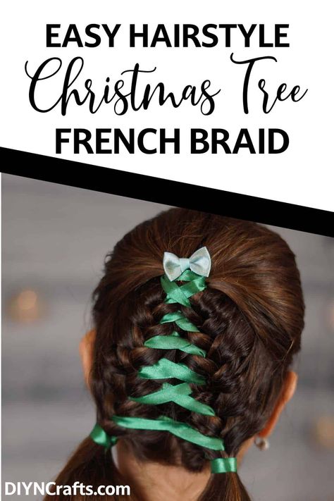 The Christmas Tree Double French Braid and Ribbon hairstyle is the quintessential decorative 'do that's bound to light up any room during the holiday season. How To Braid Ribbon Into Hair, Braids With Ribbons In Them, French Braid With Ribbon, Hair Braid Ribbon, Christmas Braids, Double French Braid, Braid With Ribbon, Cool Selfie Poses, Braid Ribbon