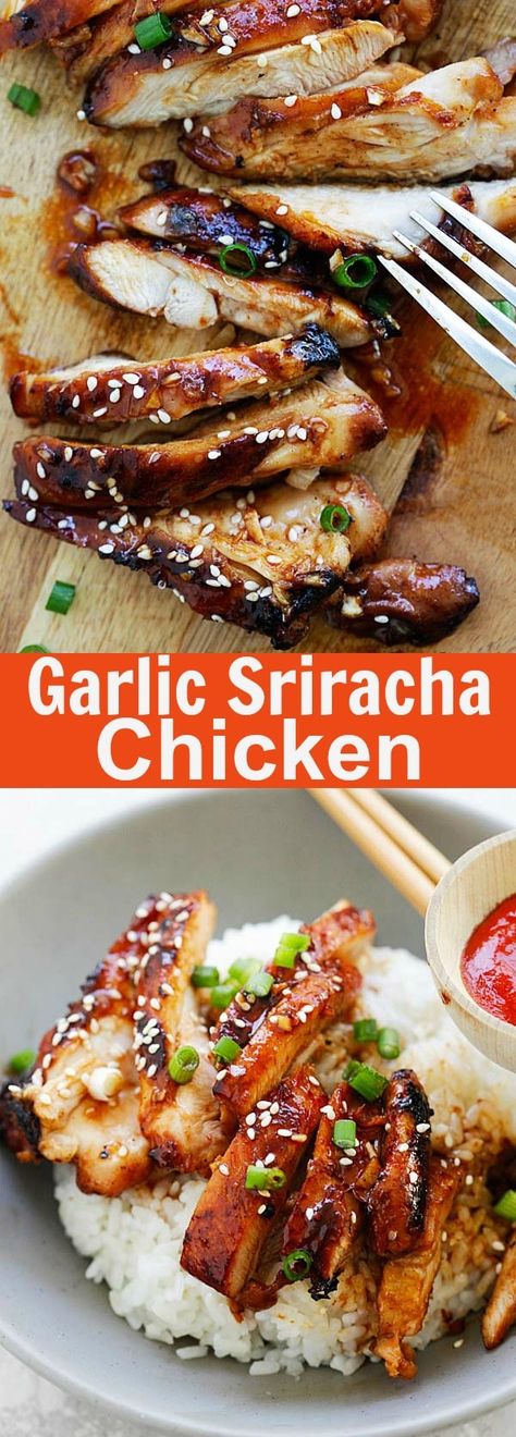 Garlic Sriracha Chicken - the juiciest oven baked chicken recipe with a mouthwatering Garlic Sriracha marinade. So delicious | rasamalaysia.com Garlic Sriracha Chicken, Oven Baked Chicken Recipe, Baked Chicken Recipes Oven, Baked Chicken Recipe, Sriracha Chicken, Rasa Malaysia, Oven Baked Chicken, Think Food, Baked Chicken Recipes