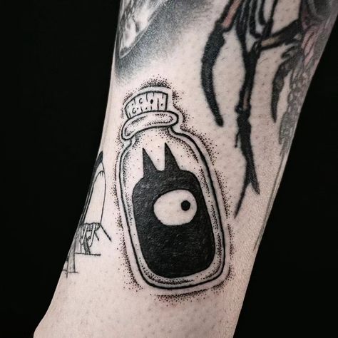 Luci in a bottle @disenchantment for @inkbabytattoos ✨ will need a touch up when it's healed to darken the black. thankyou for the good talks 🖤 will miss you when you leave. . . . . #disenchantment #disenchantmentfanart #disenchantmentluci #disenchantmenttattoo #tattoo #tattooing #tattooart #tattooartist #tattooapprentice #blackworktattoo #blackworkers #blackwork #blackworker #dotworkers #dotworktattoo #dotwork #dotworker #dotworktattooartist #dotworkartist #luci #darkfantasy #gothtattoo #pin... Disenchanted Tattoo, Disenchantment Tattoo, Luci Tattoo, Goth Tattoo, Piercing Inspo, Will Miss You, Tattoo Apprentice, When You Leave, Dot Work Tattoo