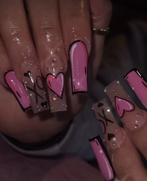 Valentine Nails Long Coffin, Valentines Day Nails Designs Cartoon, Pink Nails Acrylic Valentines Day, Medium Length Acrylic Nails Valentines Day, Long Nails With Hearts, Valentine Nails Designs Coffin, Acrylic Nails Valentines Day Unique, Long Nails Nail Art, Pink Valentines Day Nails Medium Length