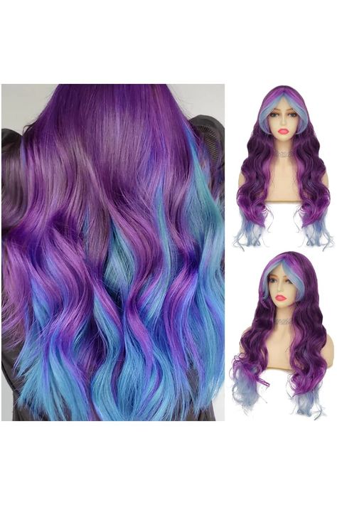 Tseses Blue Mix Purple Long Curly Wigs for Women Violet Purple Ombre Blue Wave Synthetic Middle Part Natural Soft Hair Wigs for Cosplay Party Halloween Wig Storage, Funny Wigs, Long Curly Wigs, Hair Funny, Wig Ideas Black Women, Ombre Purple, Christmas Sloth, Blue Wig, Long Curly Wig