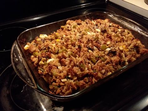 Sausage and Oyster Stuffing Sausage Stuffing Recipes, Homemade Buttermilk Cornbread, Traditional Thanksgiving Sides, Oyster Stuffing, Sausage Stuffing Recipe, Bread Stuffing, Sausage Stuffing, Turkey Broth, Creole Seasoning