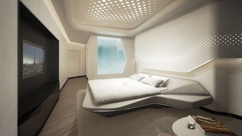 A luxurious spaceship - Take a look inside the ME Dubai Hotel by Zaha Hadid Zaha Hadid Interior, Small Apartment Layout, Futuristic Bedroom, Futuristic Interior Design, Futuristic Home, Hotel Room Design, Aesthetic Home Decor, Futuristic Furniture, Futuristic Interior