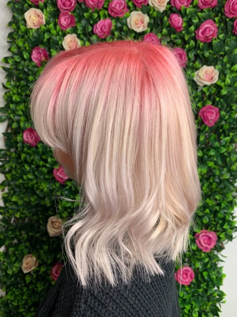 Pink Root Blonde Hair, Tips Of Hair Dyed Pink, Pink Shadow Root Blonde, Blonde Hair With Colored Roots, Dyed Roots On Blonde Hair, Colorful Roots Blonde Hair, Blonde With Colored Roots, Blonde Hair With Pink Roots, Coloured Roots Blonde Hair